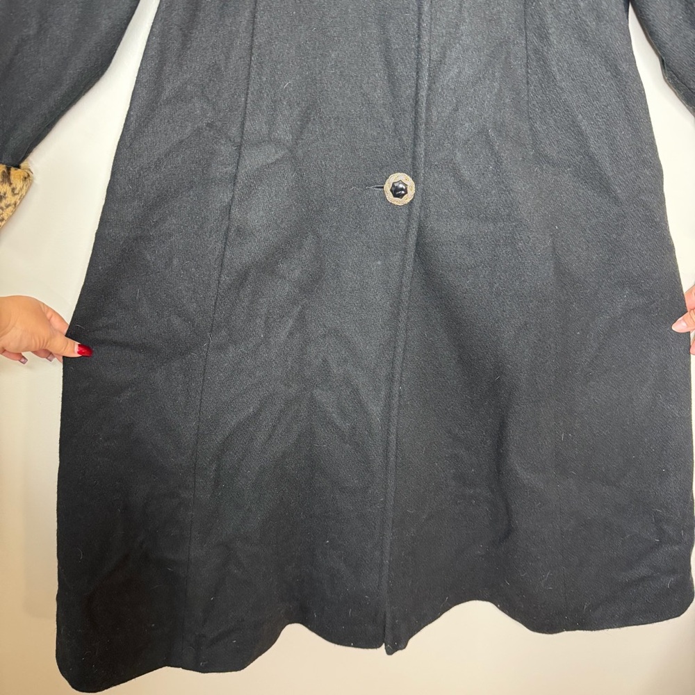 Russell Scott Vintage Coat Black Wool Blend Leopard Trim Long Elegant USA - Picture 10 of 14
